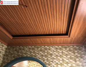 Thi công ốp trần giật cấp với tấm nano và tấm lam sóng Hobi Wood